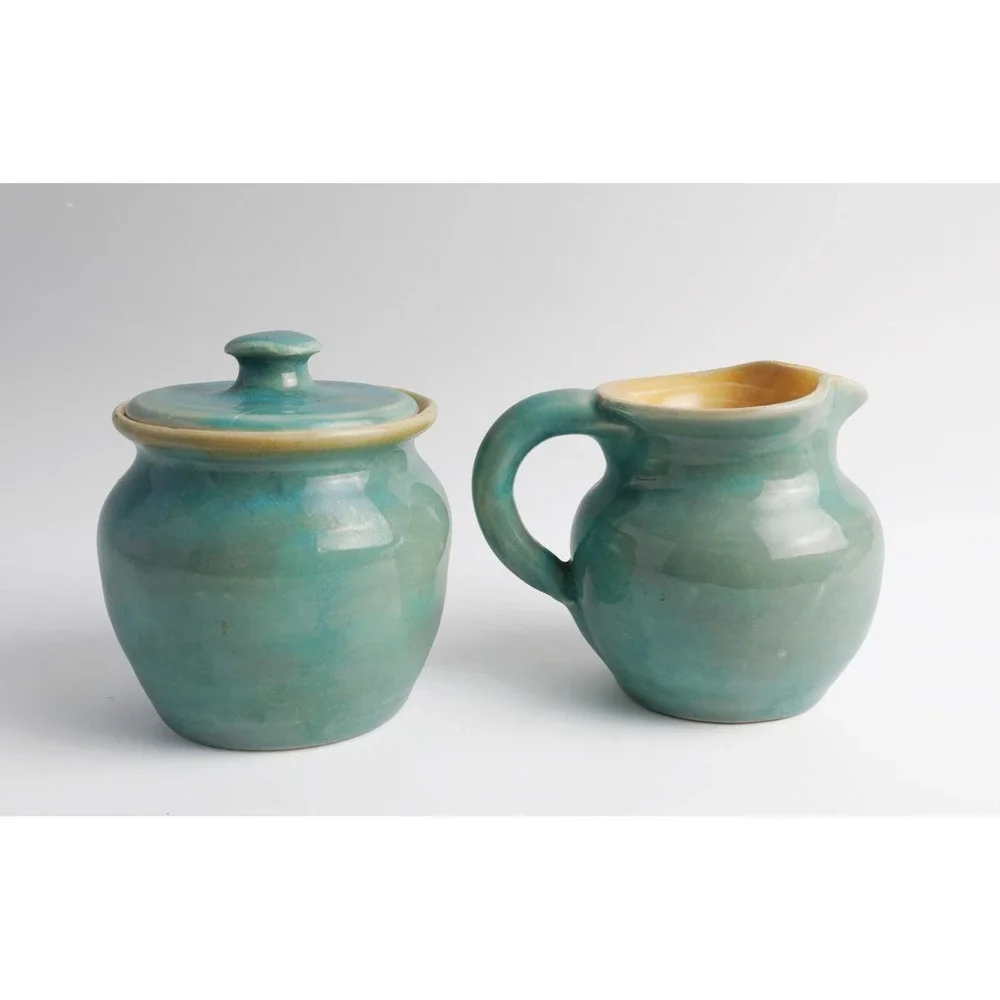 Pisgah Forest Pottery Vintage Creamer Sugar Set Blue-Green Glaze North Carolina